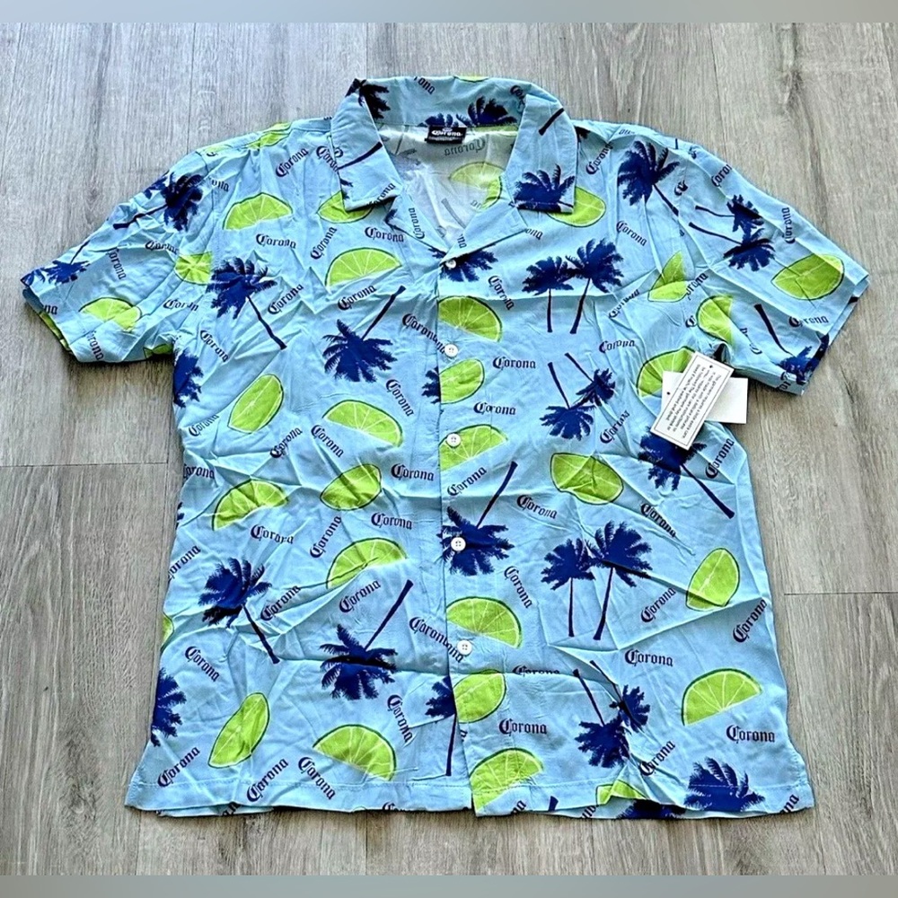 Men’s Size Small Corona Beer Blue Button-Down Camp Shirt 100% Rayon Palm Tree